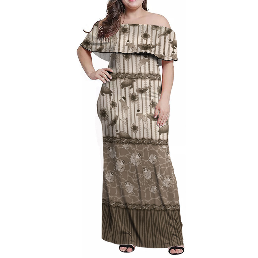 Hawaii Christmas In July Family Matching Off Shoulder Maxi Dress and Hawaiian Shirt Beige Mele Kalikimaka Sea Animals