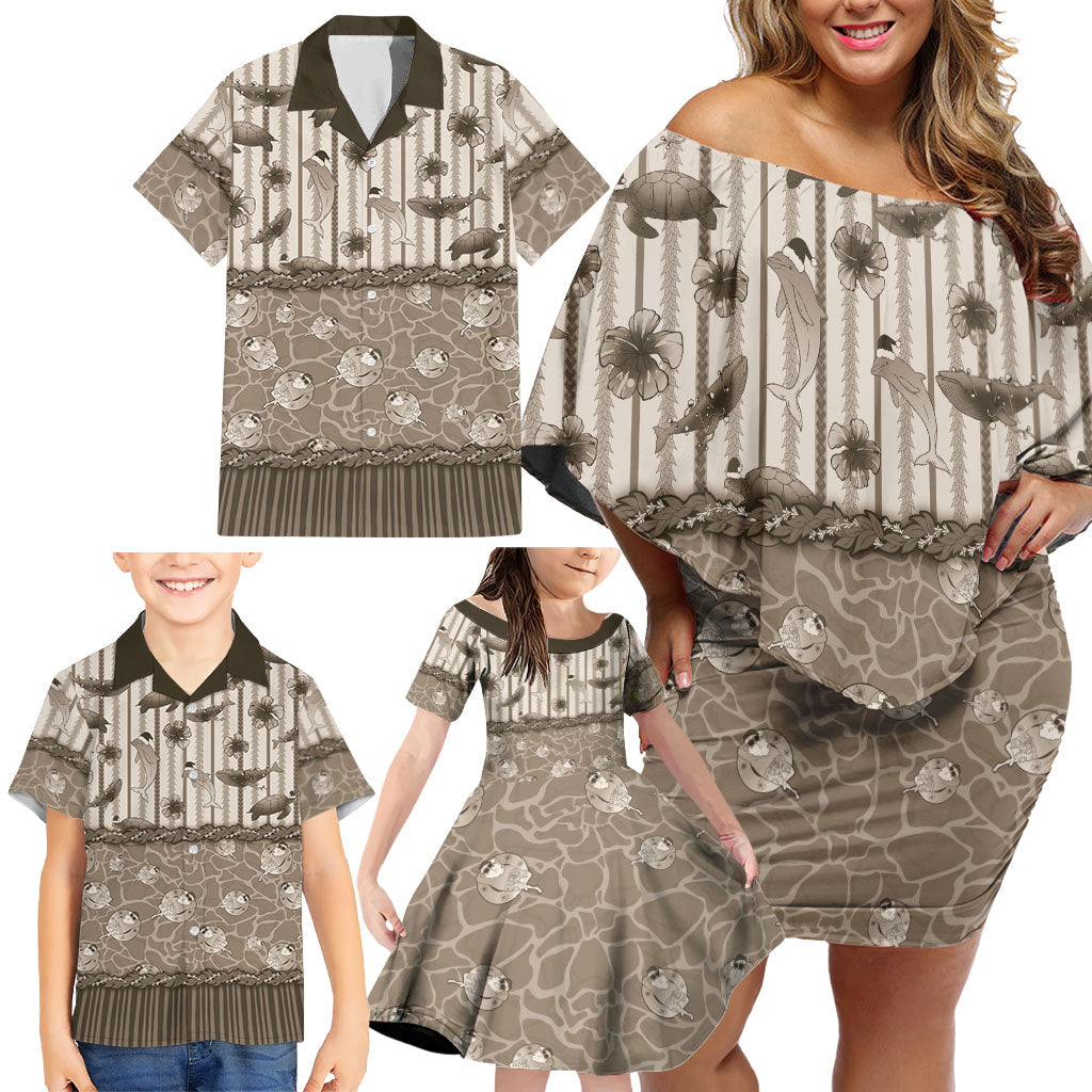 Hawaii Christmas In July Family Matching Off Shoulder Short Dress and Hawaiian Shirt Beige Mele Kalikimaka Sea Animals