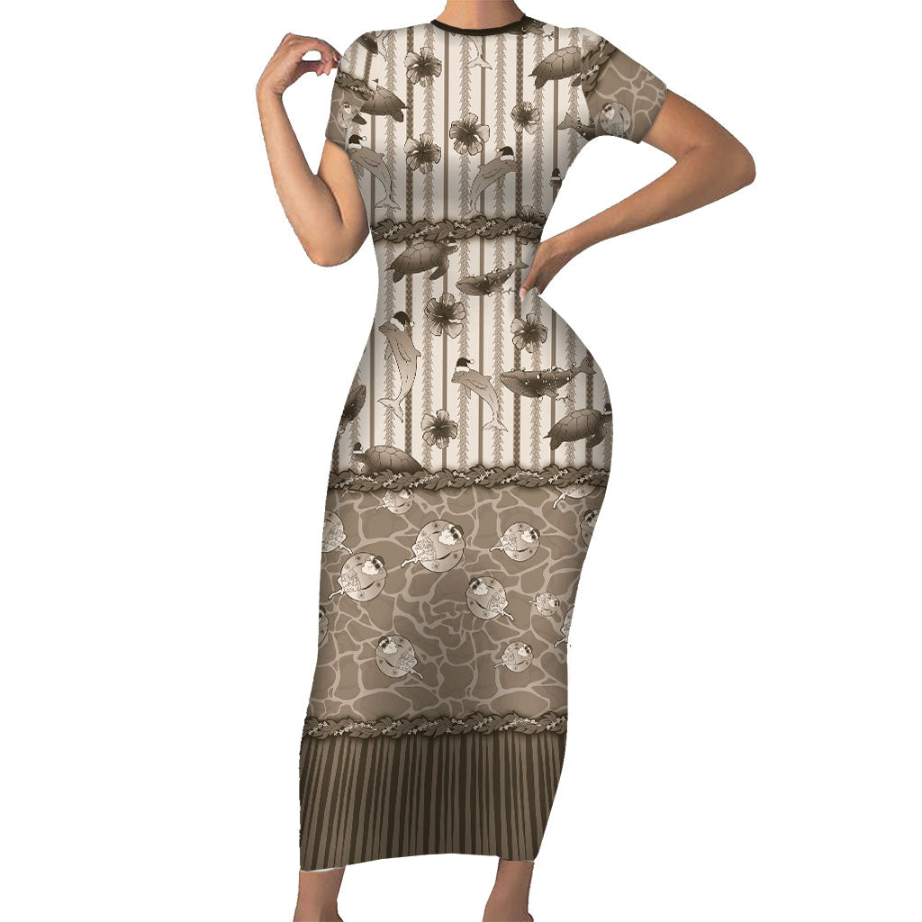 Hawaii Christmas In July Family Matching Short Sleeve Bodycon Dress and Hawaiian Shirt Beige Mele Kalikimaka Sea Animals