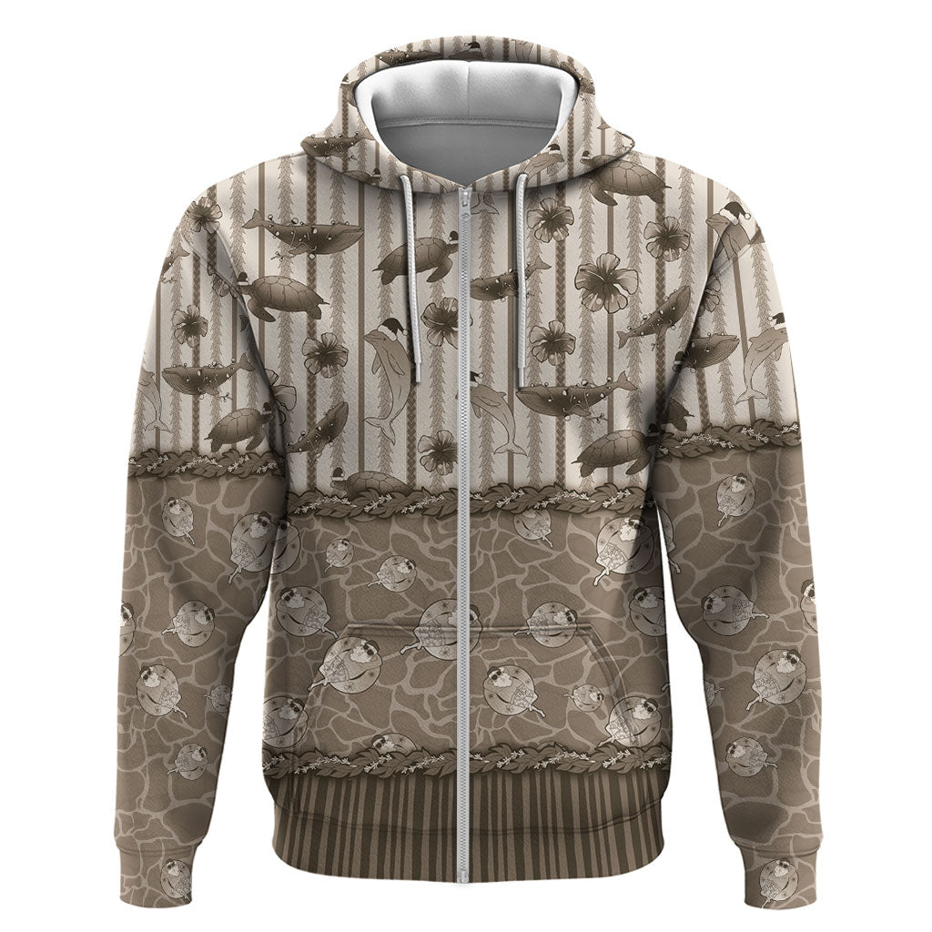 Hawaii Christmas In July Hoodie Beige Mele Kalikimaka Sea Animals DT05 Zip Hoodie Beige - Polynesian Pride