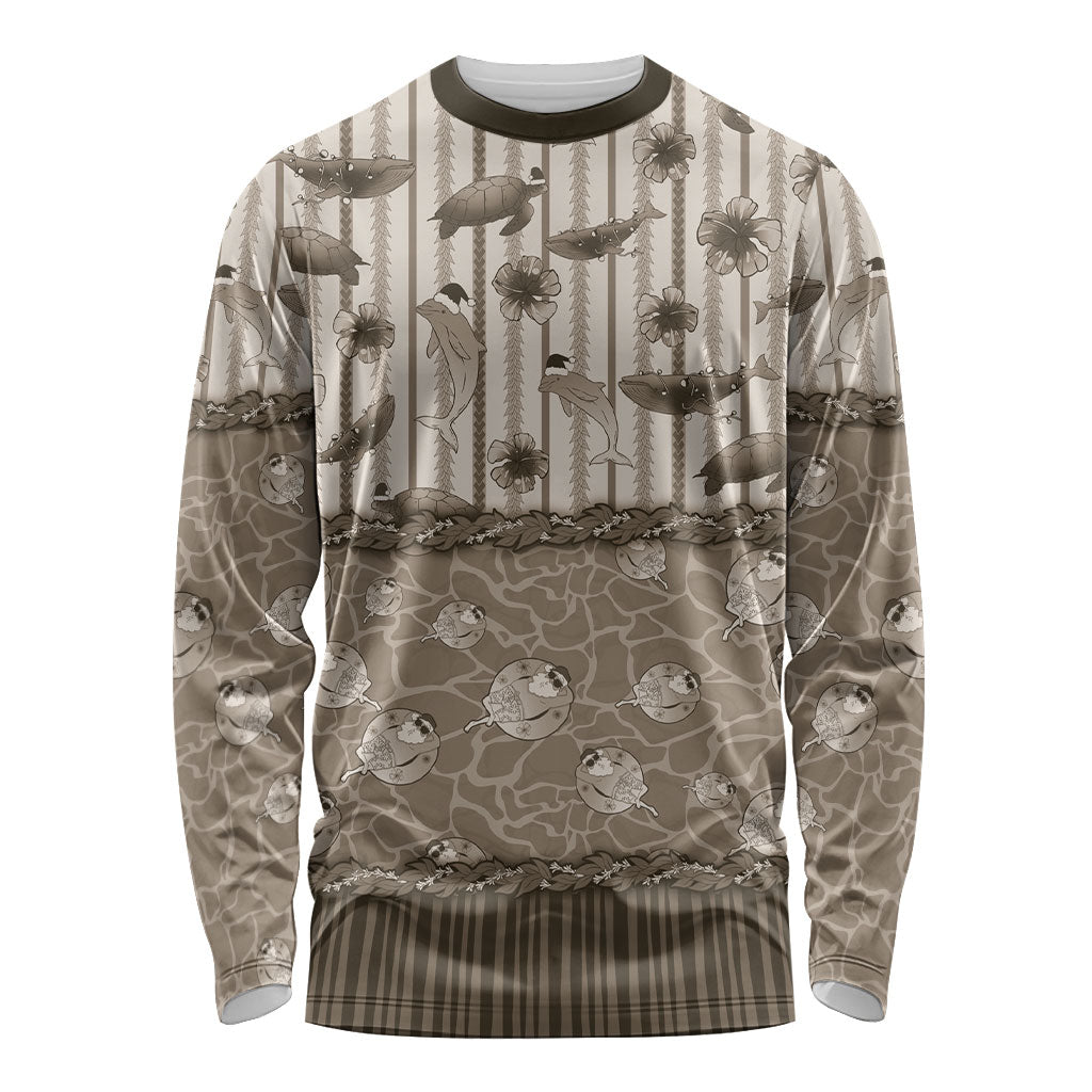 Hawaii Christmas In July Long Sleeve Shirt Beige Mele Kalikimaka Sea Animals DT05 Unisex Beige - Polynesian Pride