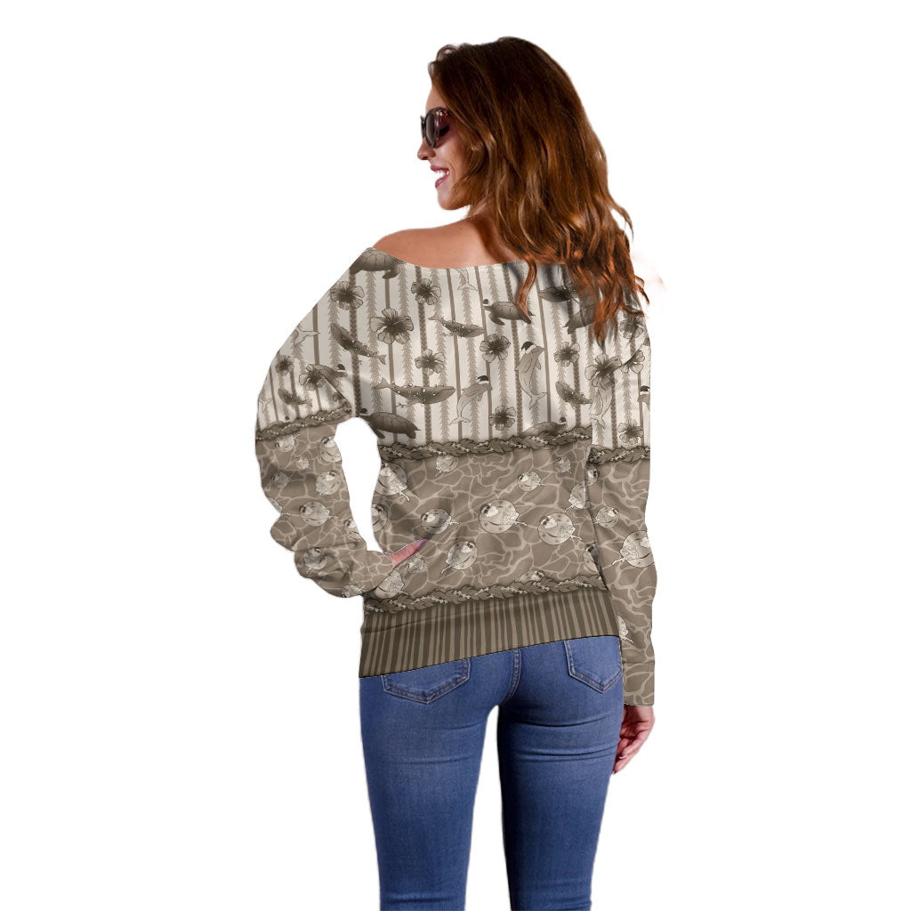 Hawaii Christmas In July Off Shoulder Sweater Beige Mele Kalikimaka Sea Animals