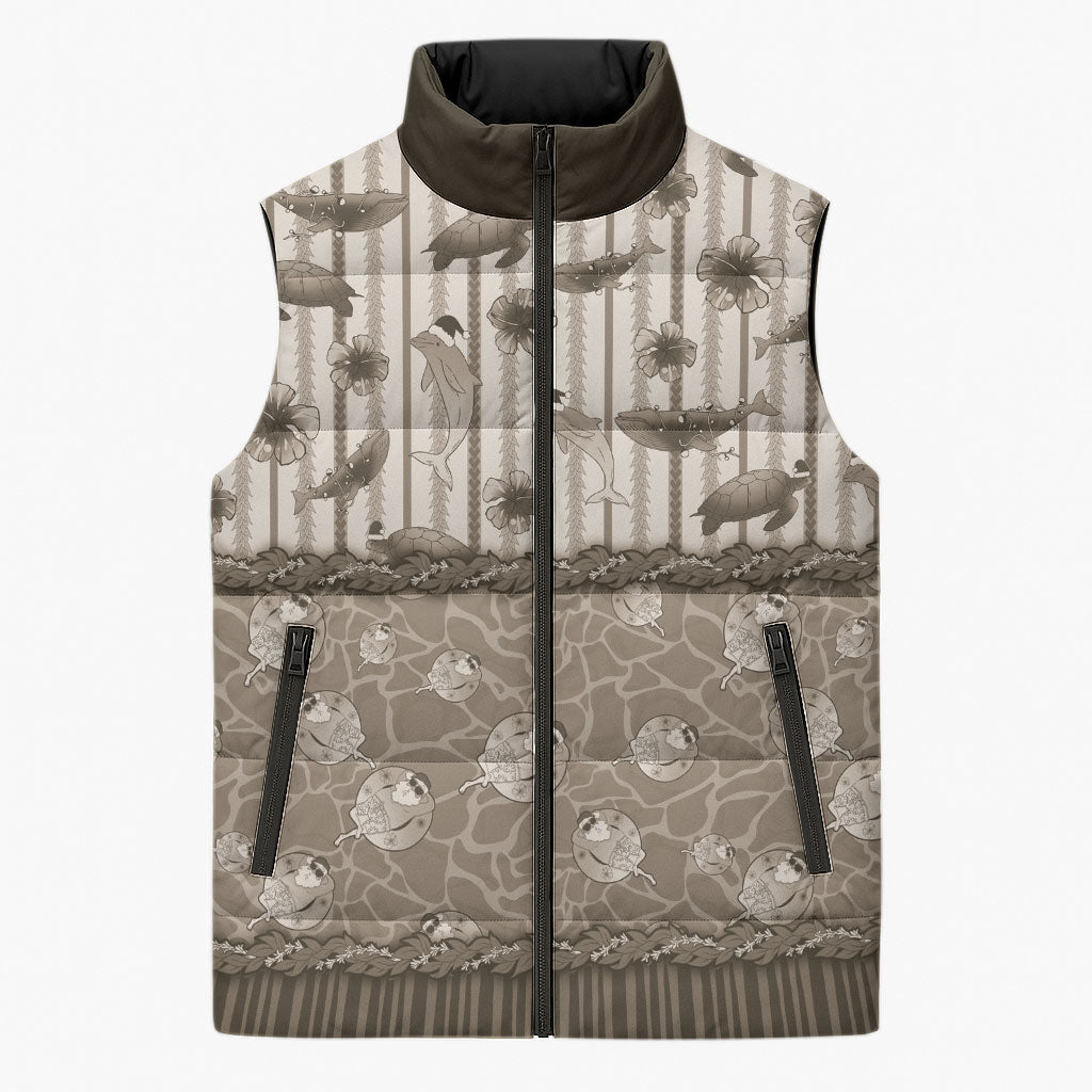 Hawaii Christmas In July Sleeveless Puffer Jacket Beige Mele Kalikimaka Sea Animals