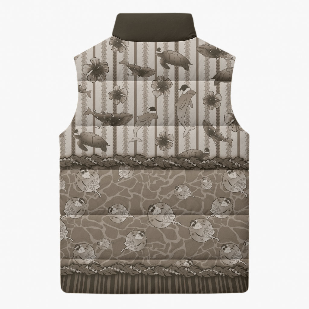 Hawaii Christmas In July Sleeveless Puffer Jacket Beige Mele Kalikimaka Sea Animals