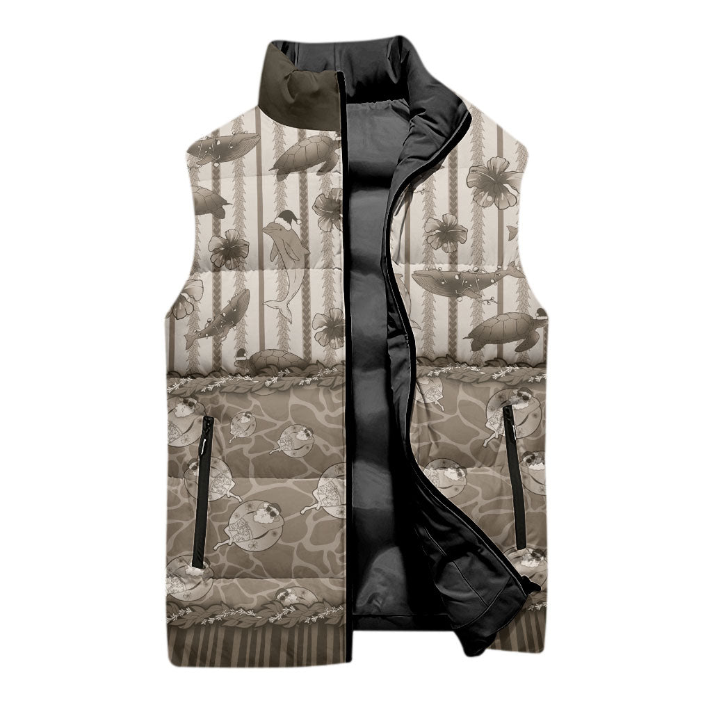 Hawaii Christmas In July Sleeveless Puffer Jacket Beige Mele Kalikimaka Sea Animals
