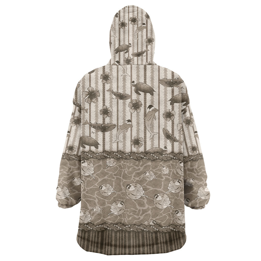 Hawaii Christmas In July Wearable Blanket Hoodie Beige Mele Kalikimaka Sea Animals
