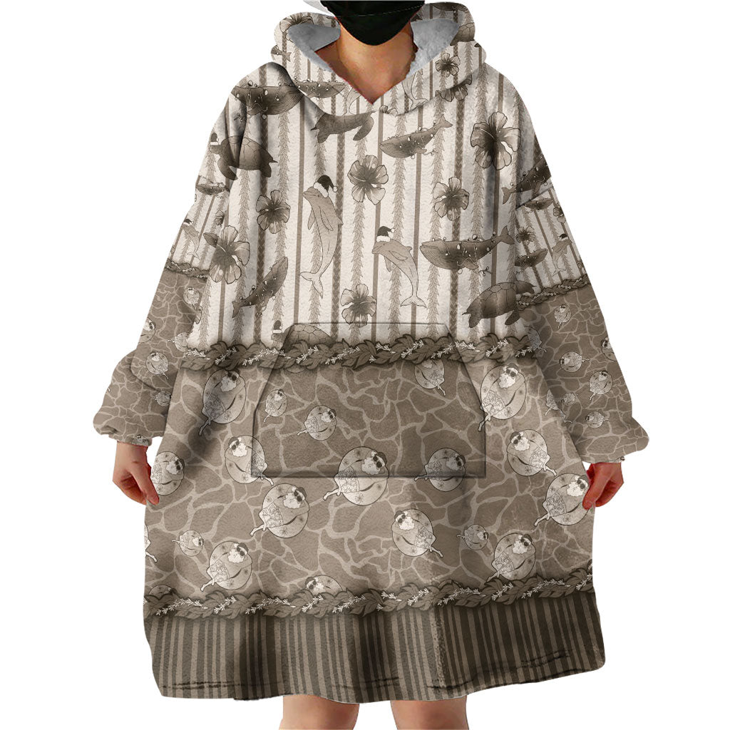 Hawaii Christmas In July Wearable Blanket Hoodie Beige Mele Kalikimaka Sea Animals