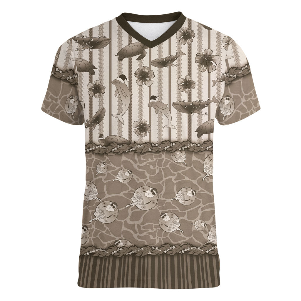 Hawaii Christmas In July Women V-Neck T-Shirt Beige Mele Kalikimaka Sea Animals