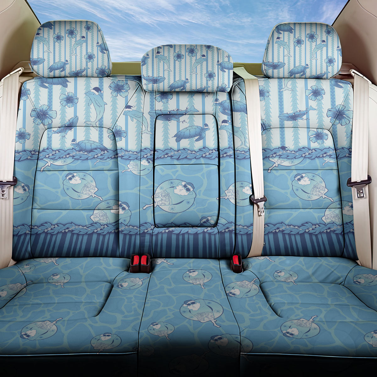 Hawaii Christmas In July Back Car Seat Cover Sky Blue Mele Kalikimaka Sea Animals DT05 One Size Blue - Polynesian Pride