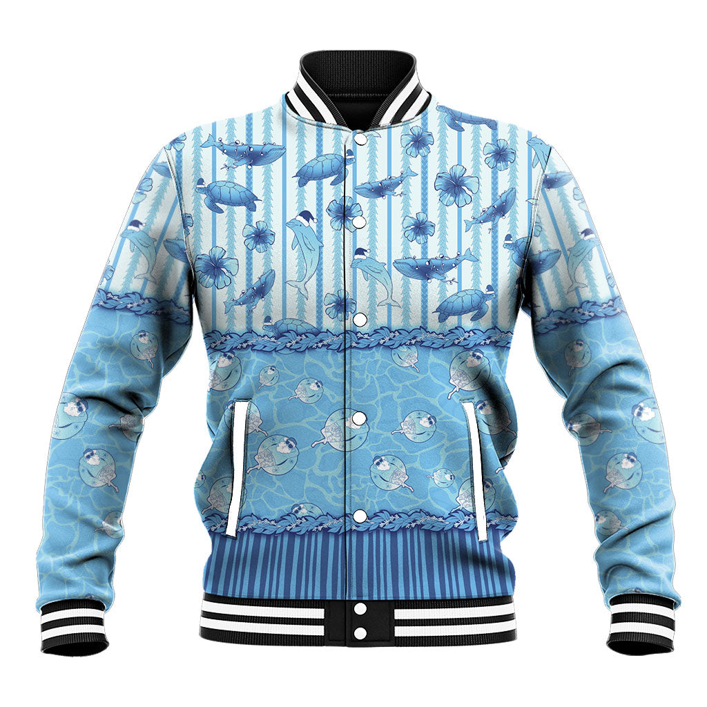 Hawaii Christmas In July Baseball Jacket Sky Blue Mele Kalikimaka Sea Animals DT05 Unisex Blue - Polynesian Pride