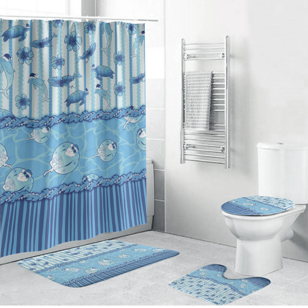Hawaii Christmas In July Bathroom Set Sky Blue Mele Kalikimaka Sea Animals DT05 Bathroom Set (4 pcs) Blue - Polynesian Pride