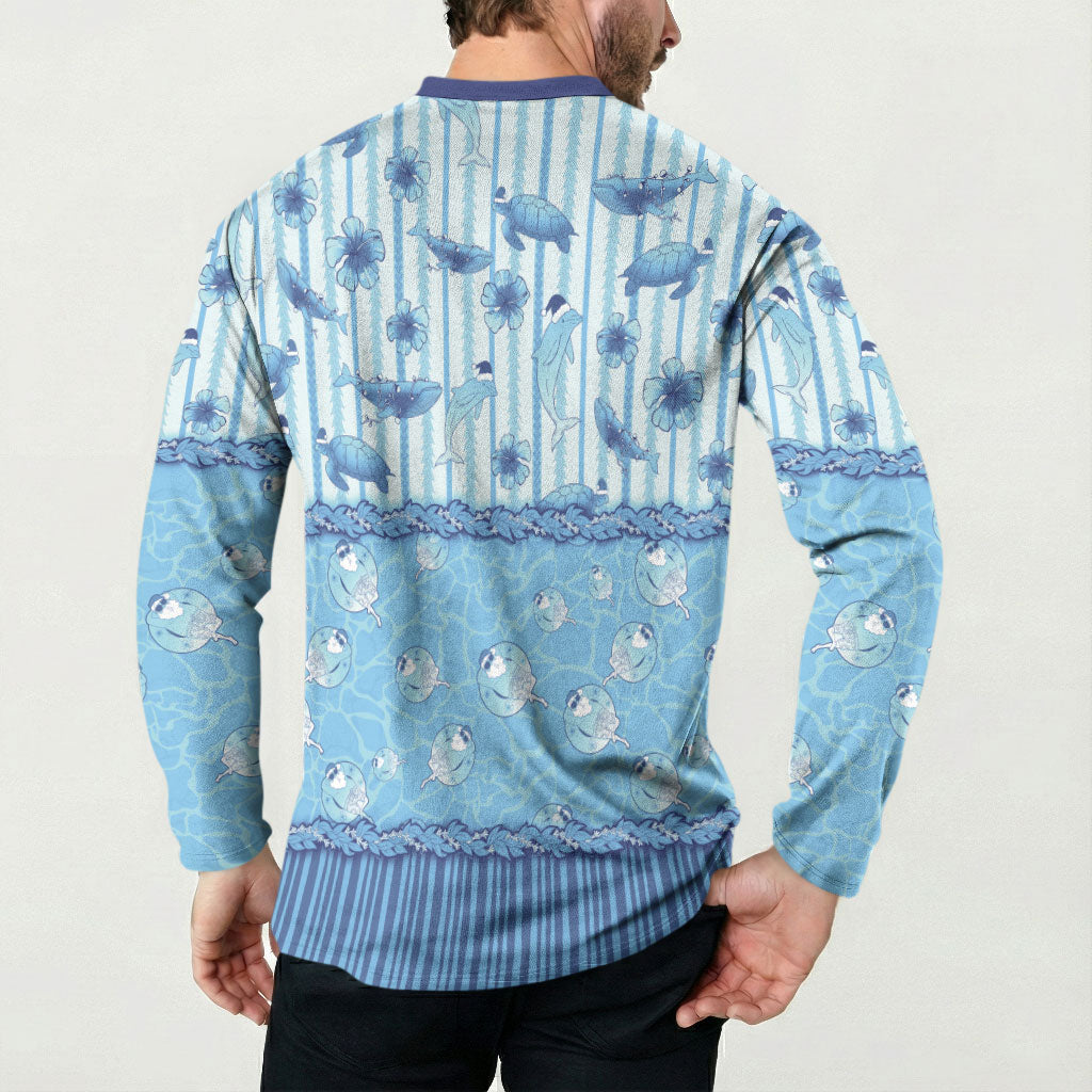 Hawaii Christmas In July Button Sweatshirt Sky Blue Mele Kalikimaka Sea Animals DT05 - Polynesian Pride