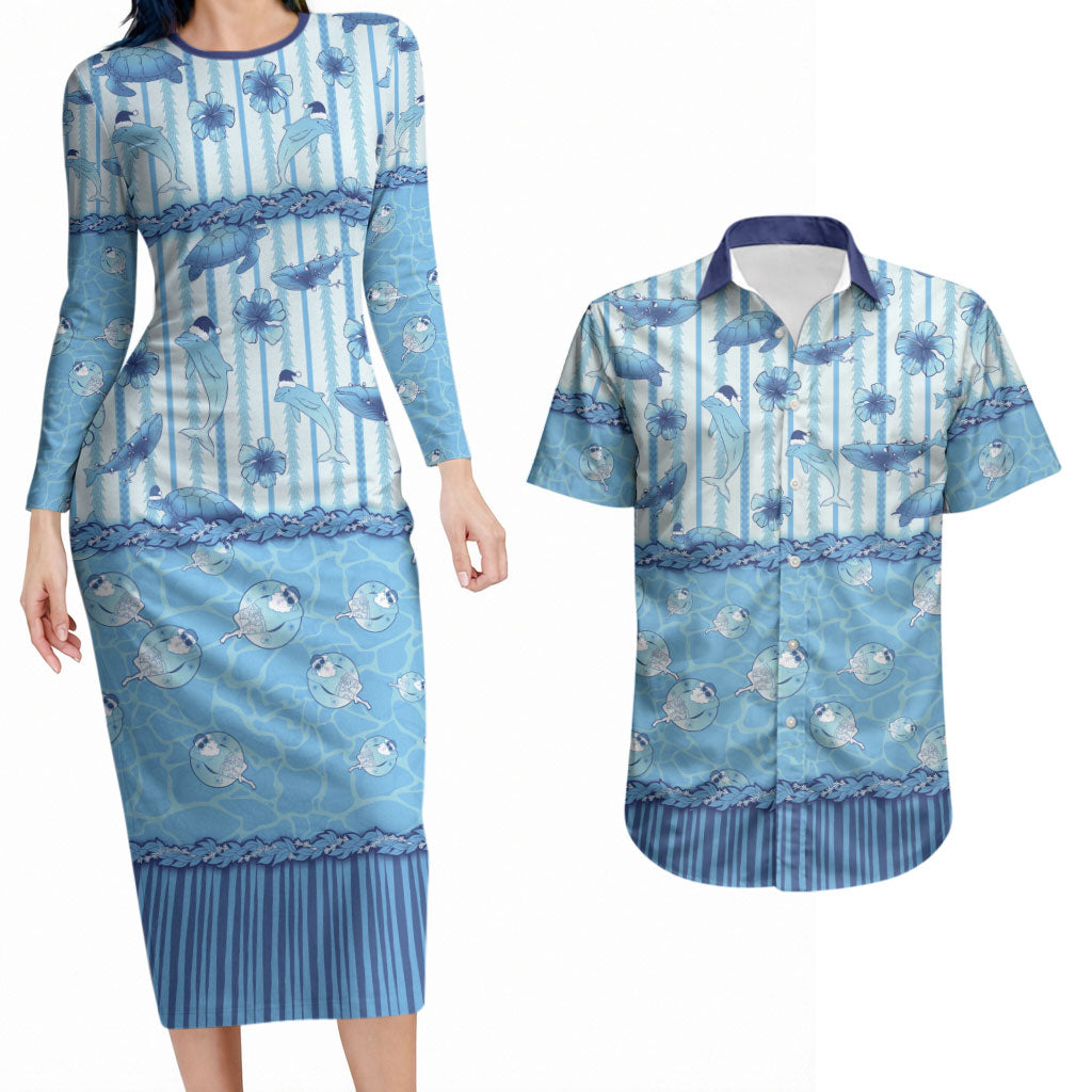 Hawaii Christmas In July Couples Matching Long Sleeve Bodycon Dress and Hawaiian Shirt Sky Blue Mele Kalikimaka Sea Animals DT05 Blue - Polynesian Pride