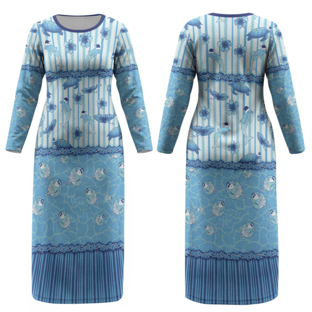Hawaii Christmas In July Couples Matching Long Sleeve Bodycon Dress and Long Sleeve Button Shirt Sky Blue Mele Kalikimaka Sea Animals DT05 - Polynesian Pride