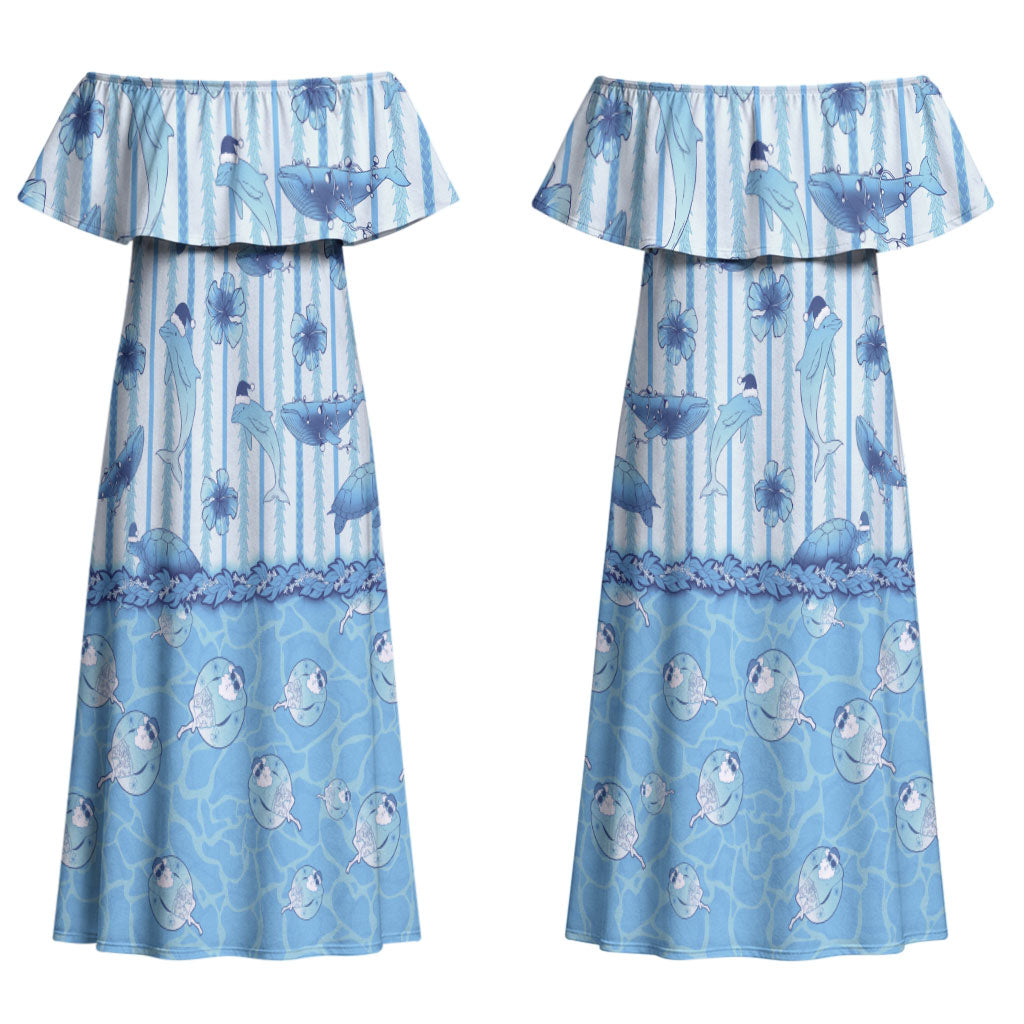Hawaii Christmas In July Couples Matching Off Shoulder Maxi Dress and Hawaiian Shirt Sky Blue Mele Kalikimaka Sea Animals DT05 - Polynesian Pride