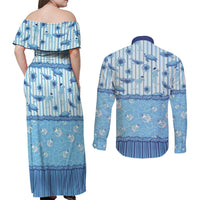 Hawaii Christmas In July Couples Matching Off Shoulder Maxi Dress and Long Sleeve Button Shirt Sky Blue Mele Kalikimaka Sea Animals