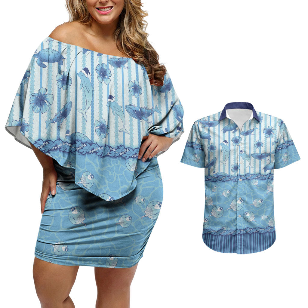 Hawaii Christmas In July Couples Matching Off Shoulder Short Dress and Hawaiian Shirt Sky Blue Mele Kalikimaka Sea Animals DT05 Blue - Polynesian Pride