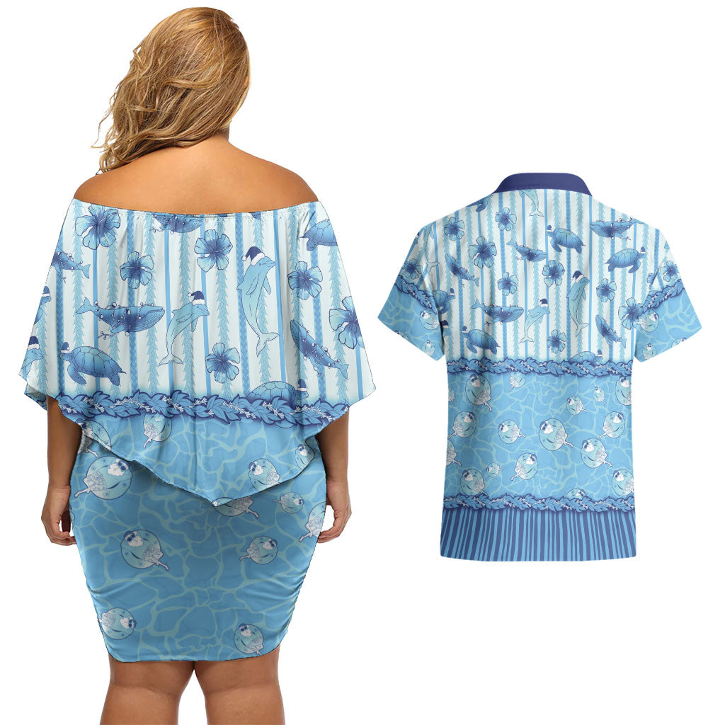 Hawaii Christmas In July Couples Matching Off Shoulder Short Dress and Hawaiian Shirt Sky Blue Mele Kalikimaka Sea Animals