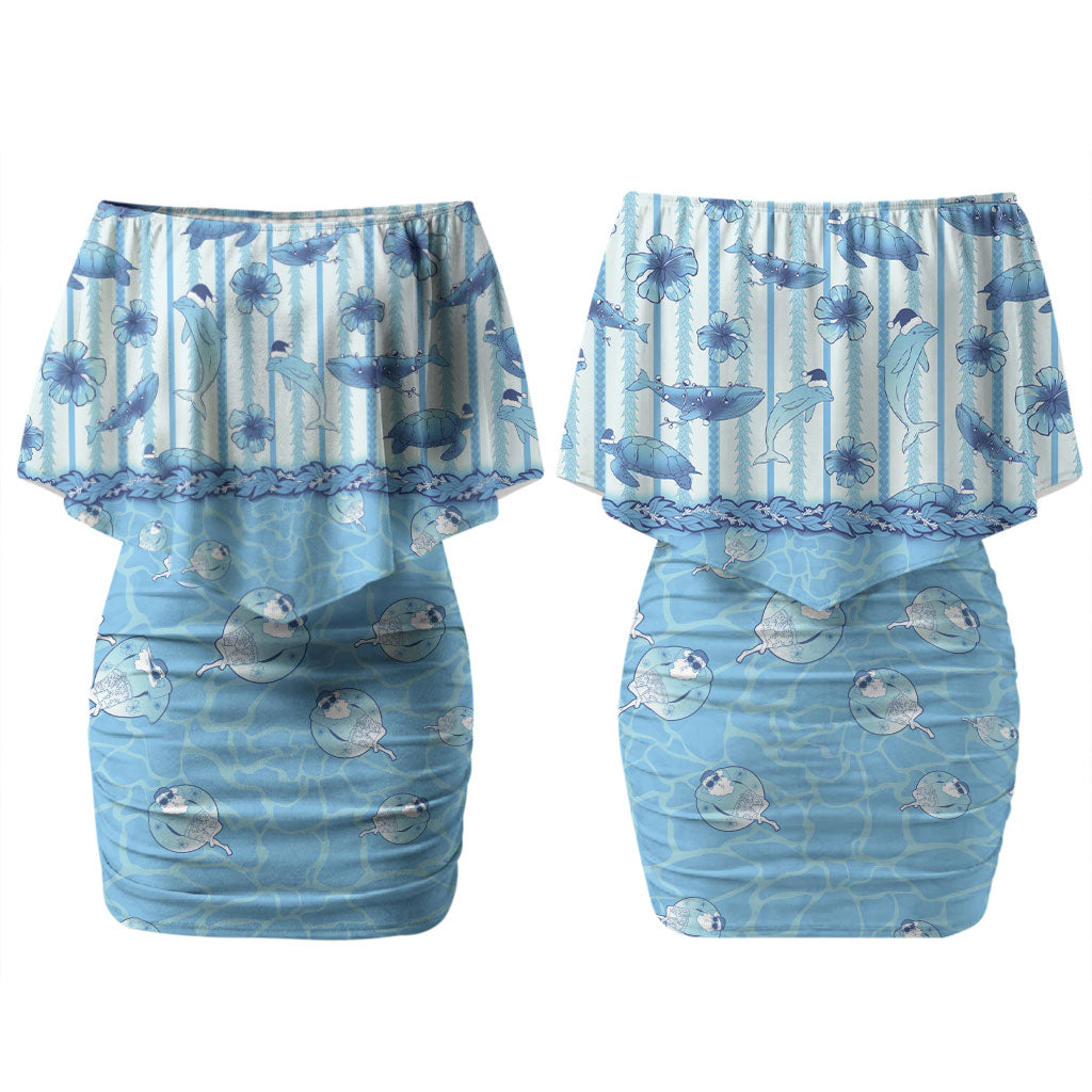 Hawaii Christmas In July Couples Matching Off Shoulder Short Dress and Long Sleeve Button Shirt Sky Blue Mele Kalikimaka Sea Animals DT05 - Polynesian Pride