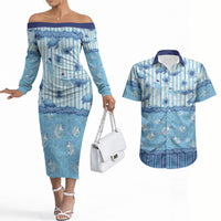 Hawaii Christmas In July Couples Matching Off The Shoulder Long Sleeve Dress and Hawaiian Shirt Sky Blue Mele Kalikimaka Sea Animals DT05 Blue - Polynesian Pride
