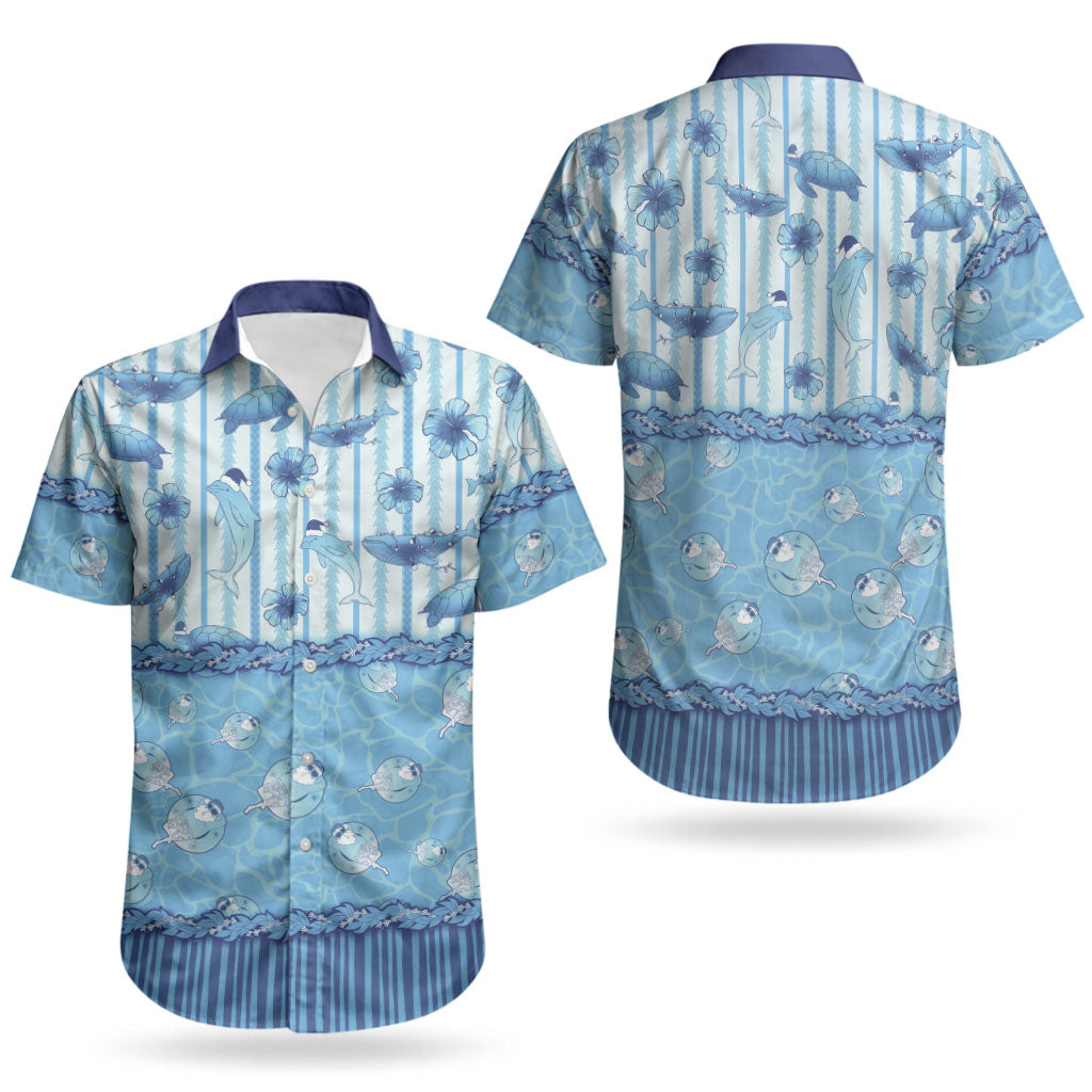 Hawaii Christmas In July Couples Matching Off The Shoulder Long Sleeve Dress and Hawaiian Shirt Sky Blue Mele Kalikimaka Sea Animals DT05 - Polynesian Pride