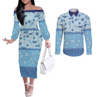 Hawaii Christmas In July Couples Matching Off The Shoulder Long Sleeve Dress and Long Sleeve Button Shirt Sky Blue Mele Kalikimaka Sea Animals