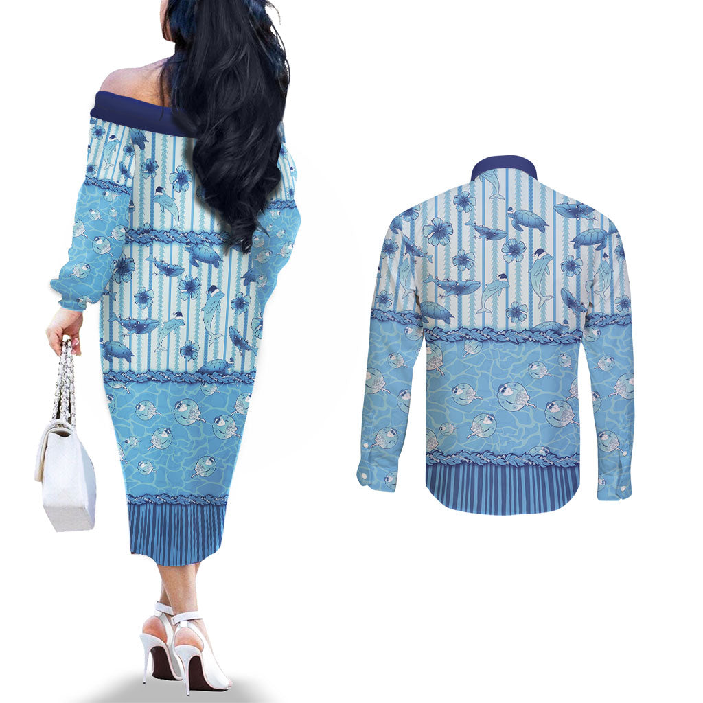 Hawaii Christmas In July Couples Matching Off The Shoulder Long Sleeve Dress and Long Sleeve Button Shirt Sky Blue Mele Kalikimaka Sea Animals