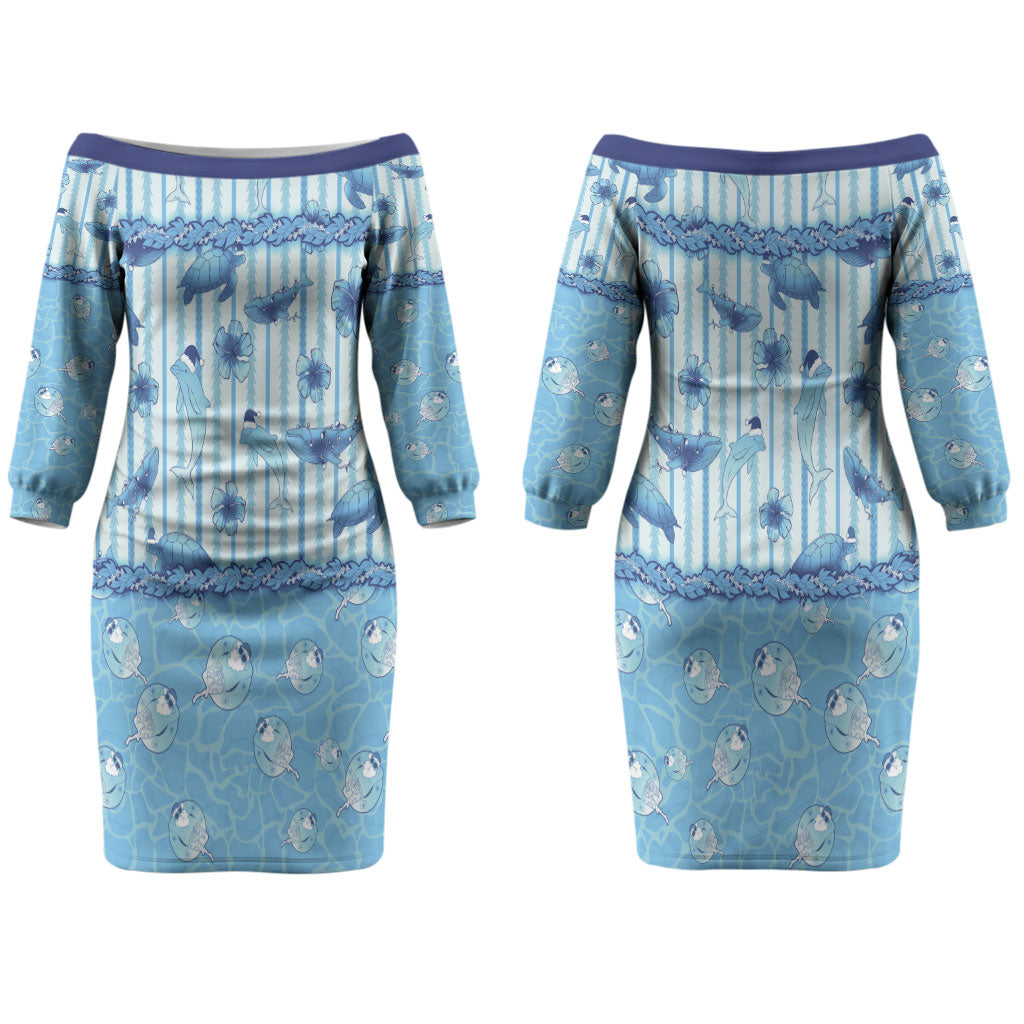 Hawaii Christmas In July Couples Matching Off The Shoulder Long Sleeve Dress and Long Sleeve Button Shirt Sky Blue Mele Kalikimaka Sea Animals DT05 - Polynesian Pride
