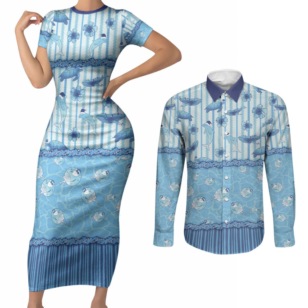 Hawaii Christmas In July Couples Matching Short Sleeve Bodycon Dress and Long Sleeve Button Shirt Sky Blue Mele Kalikimaka Sea Animals DT05 Blue - Polynesian Pride