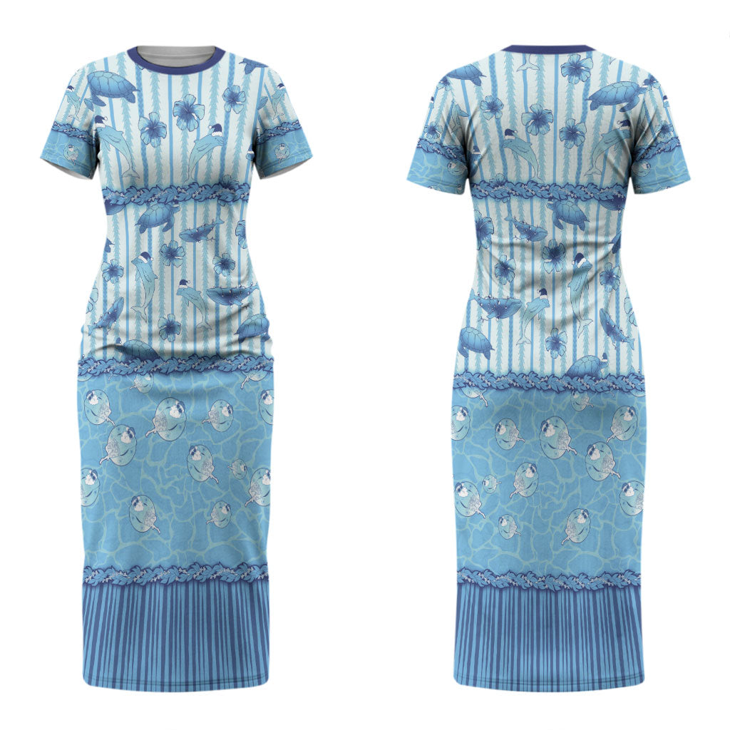 Hawaii Christmas In July Couples Matching Short Sleeve Bodycon Dress and Long Sleeve Button Shirt Sky Blue Mele Kalikimaka Sea Animals DT05 - Polynesian Pride