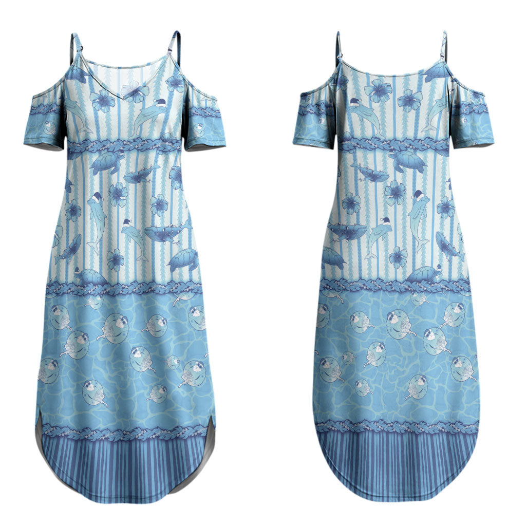Hawaii Christmas In July Couples Matching Summer Maxi Dress and Hawaiian Shirt Sky Blue Mele Kalikimaka Sea Animals DT05 - Polynesian Pride