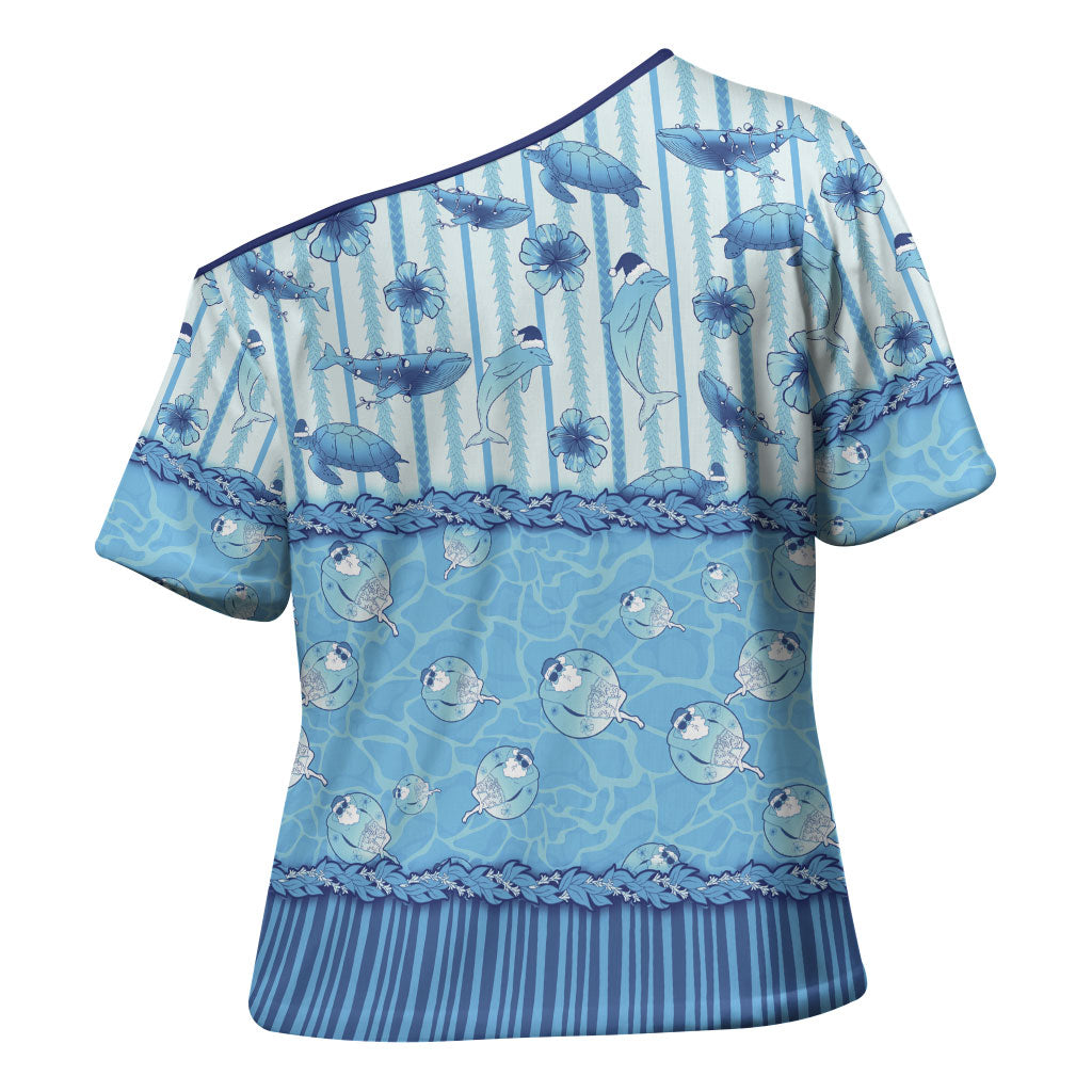 Hawaii Christmas In July Cross Shoulder Shirt Sky Blue Mele Kalikimaka Sea Animals DT05 - Polynesian Pride