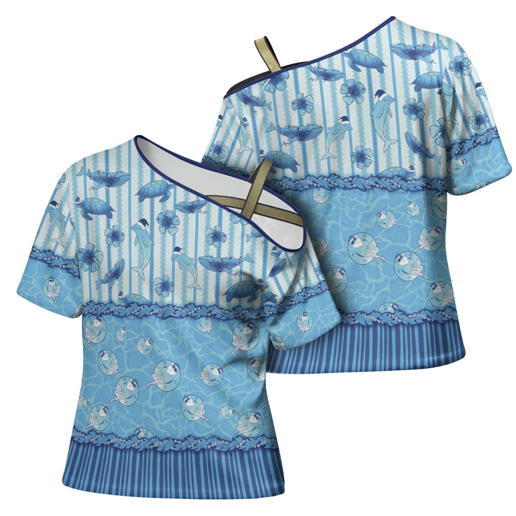 Hawaii Christmas In July Cross Shoulder Shirt Sky Blue Mele Kalikimaka Sea Animals DT05 - Polynesian Pride