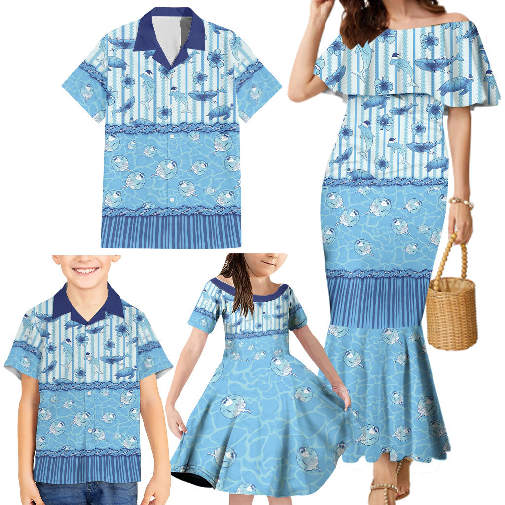 Hawaii Christmas In July Family Matching Mermaid Dress and Hawaiian Shirt Sky Blue Mele Kalikimaka Sea Animals