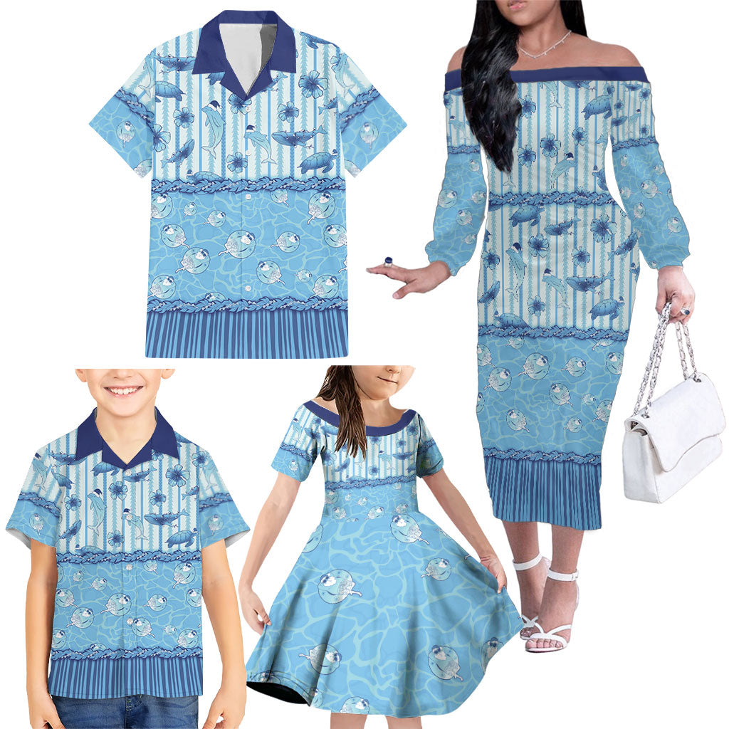 Hawaii Christmas In July Family Matching Off The Shoulder Long Sleeve Dress and Hawaiian Shirt Sky Blue Mele Kalikimaka Sea Animals