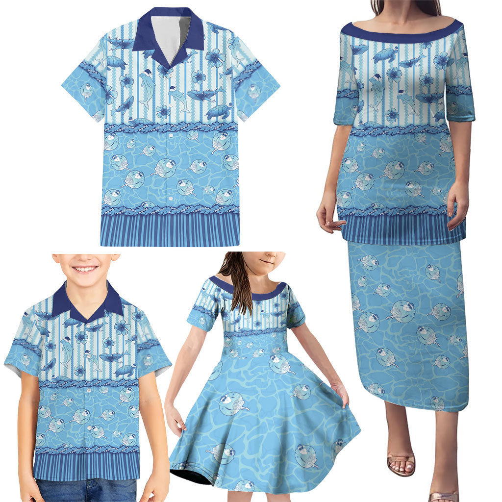 Hawaii Christmas In July Family Matching Puletasi and Hawaiian Shirt Sky Blue Mele Kalikimaka Sea Animals