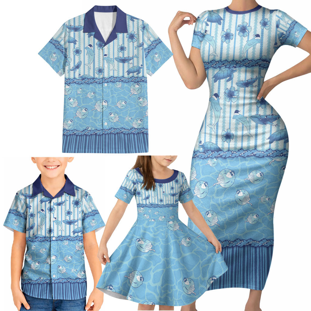 Hawaii Christmas In July Family Matching Short Sleeve Bodycon Dress and Hawaiian Shirt Sky Blue Mele Kalikimaka Sea Animals DT05 - Polynesian Pride