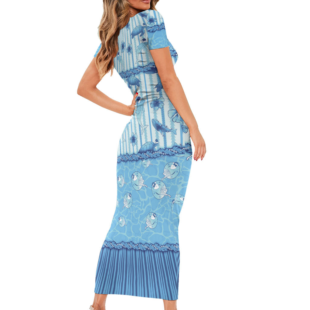 Hawaii Christmas In July Family Matching Short Sleeve Bodycon Dress and Hawaiian Shirt Sky Blue Mele Kalikimaka Sea Animals