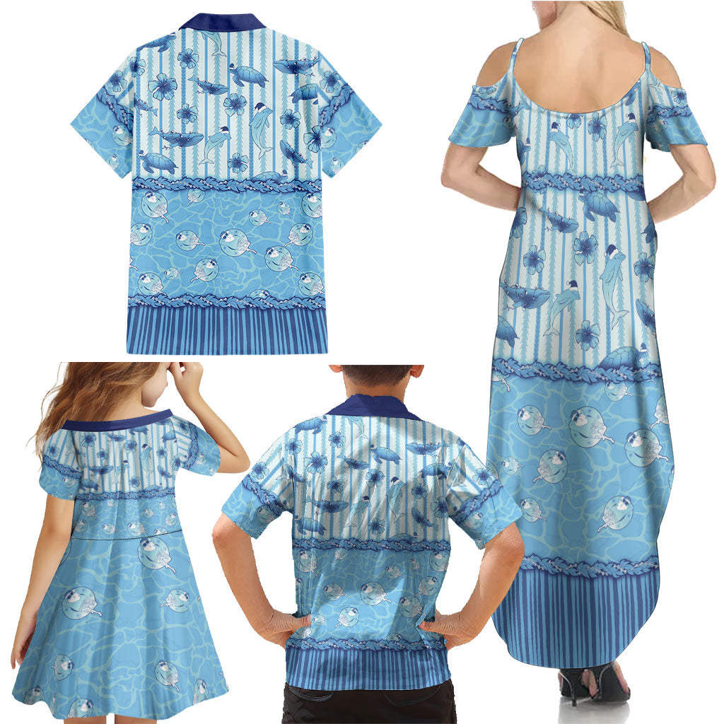 Hawaii Christmas In July Family Matching Summer Maxi Dress and Hawaiian Shirt Sky Blue Mele Kalikimaka Sea Animals