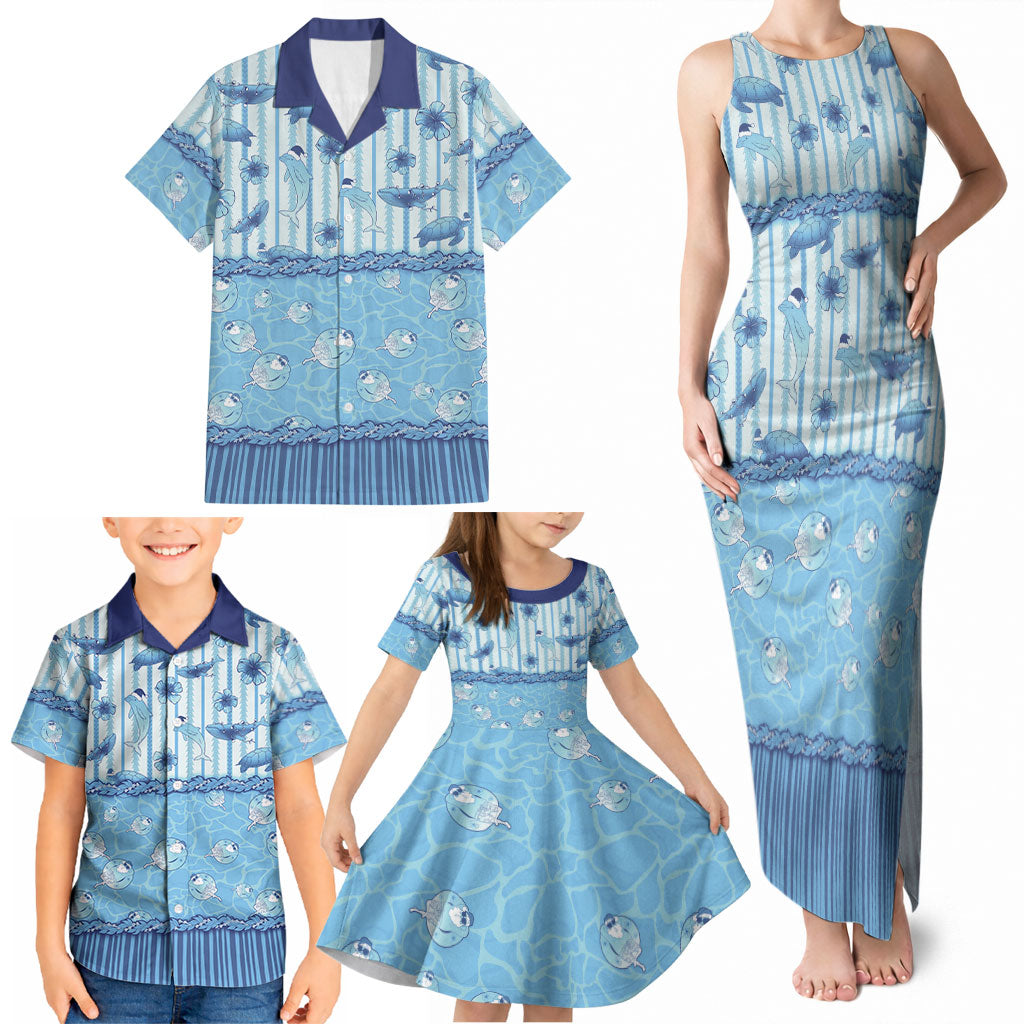 Hawaii Christmas In July Family Matching Tank Maxi Dress and Hawaiian Shirt Sky Blue Mele Kalikimaka Sea Animals DT05 - Polynesian Pride