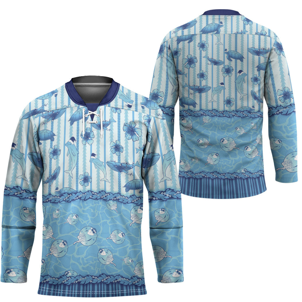 Hawaii Christmas In July Hockey Jersey Sky Blue Mele Kalikimaka Sea Animals DT05 - Polynesian Pride
