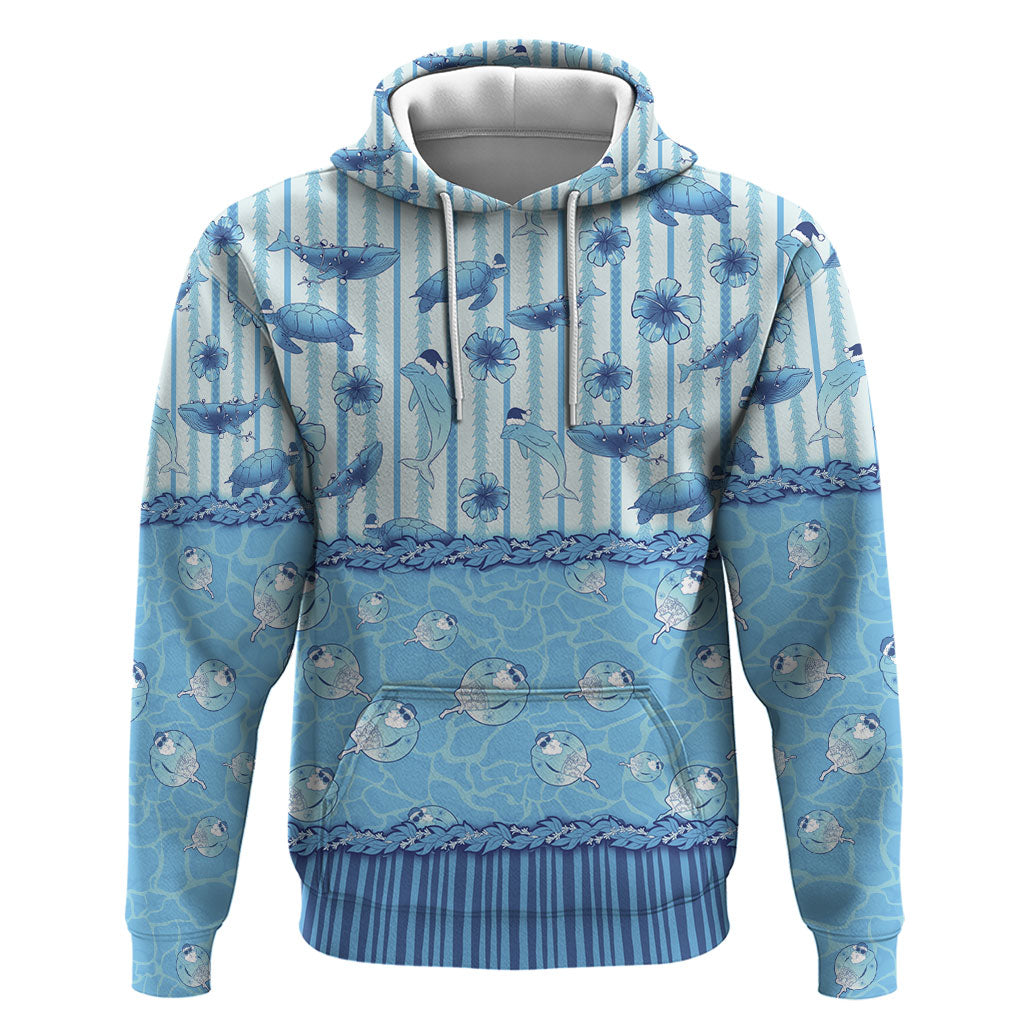 Hawaii Christmas In July Hoodie Sky Blue Mele Kalikimaka Sea Animals DT05 Pullover Hoodie Blue - Polynesian Pride