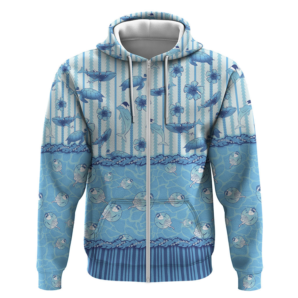 Hawaii Christmas In July Hoodie Sky Blue Mele Kalikimaka Sea Animals DT05 Zip Hoodie Blue - Polynesian Pride
