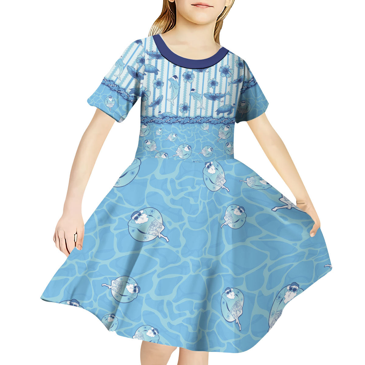Hawaii Christmas In July Kid Short Sleeve Dress Sky Blue Mele Kalikimaka Sea Animals