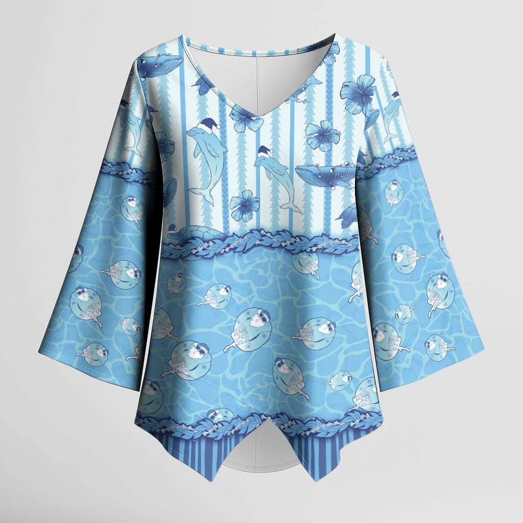 Hawaii Christmas In July Kimono Sleeve Blouse Sky Blue Mele Kalikimaka Sea Animals DT05 Female Blue - Polynesian Pride