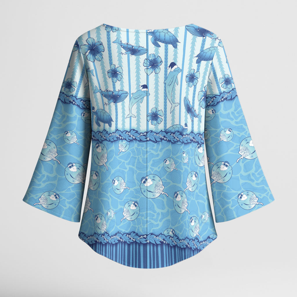Hawaii Christmas In July Kimono Sleeve Blouse Sky Blue Mele Kalikimaka Sea Animals DT05 - Polynesian Pride