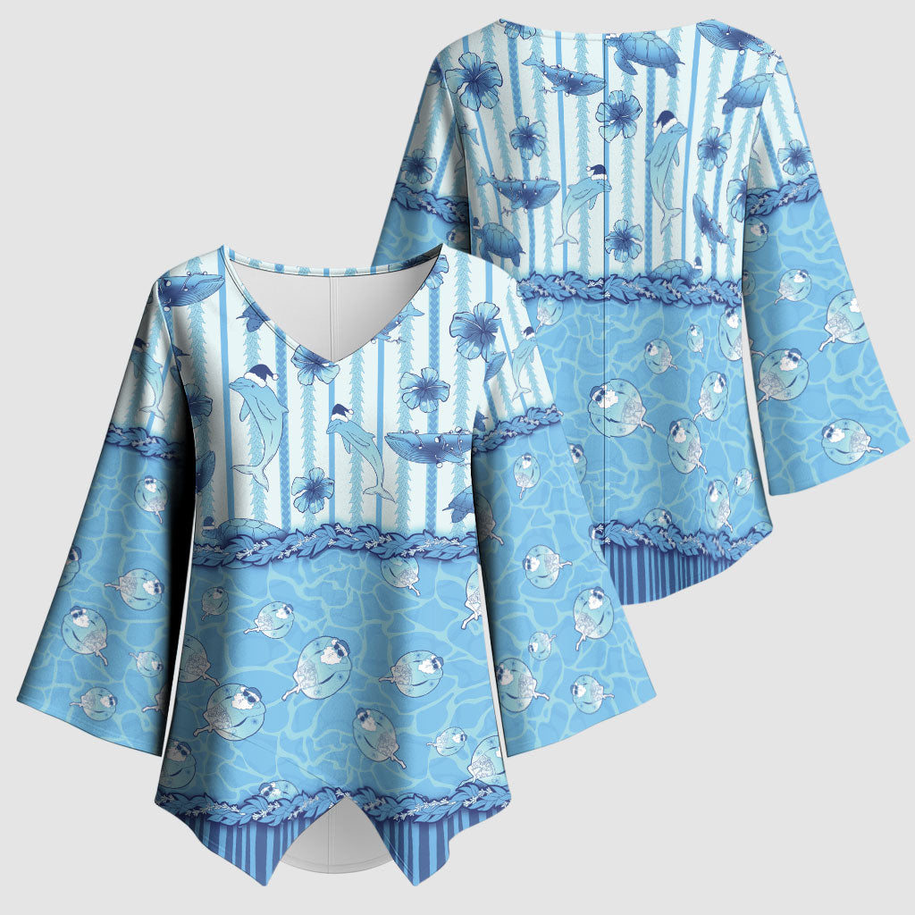 Hawaii Christmas In July Kimono Sleeve Blouse Sky Blue Mele Kalikimaka Sea Animals DT05 - Polynesian Pride