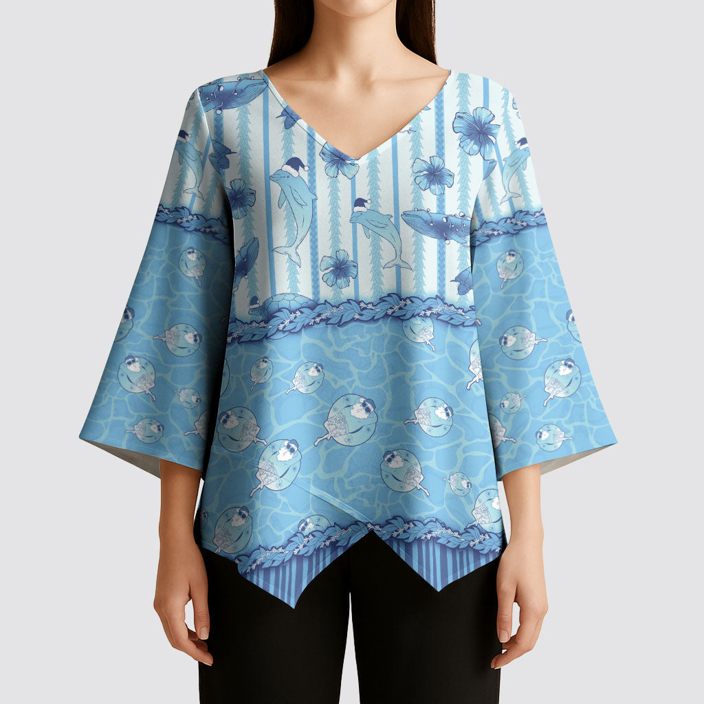 Hawaii Christmas In July Kimono Sleeve Blouse Sky Blue Mele Kalikimaka Sea Animals DT05 - Polynesian Pride