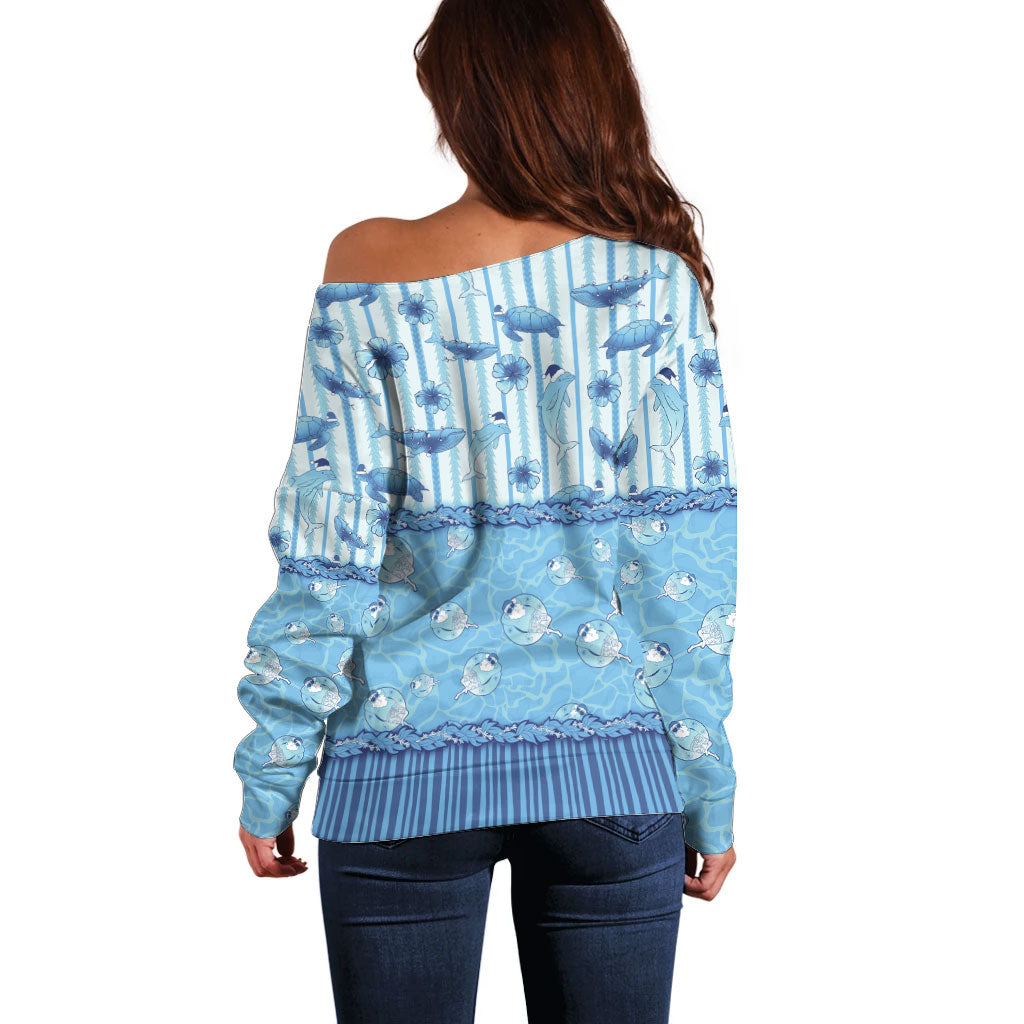 Hawaii Christmas In July Off Shoulder Sweater Sky Blue Mele Kalikimaka Sea Animals