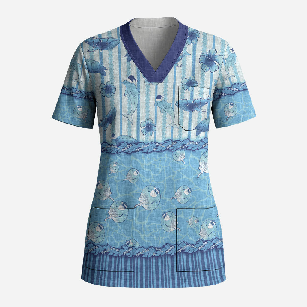 Hawaii Christmas In July Scrub Top Sky Blue Mele Kalikimaka Sea Animals DT05 Adult Blue - Polynesian Pride